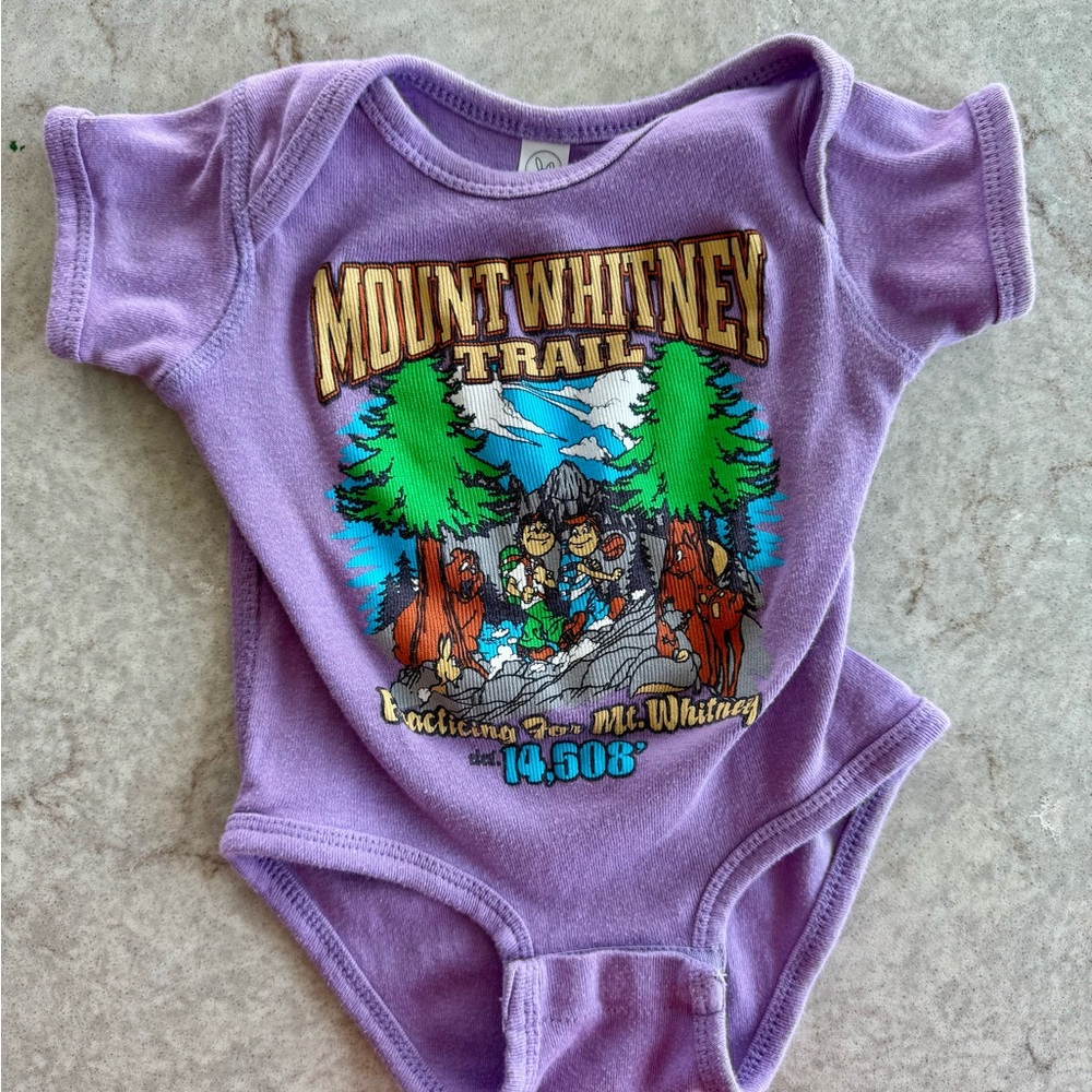 Mount Whitney baby bodysuit onesie purple w/cute mountain graphic